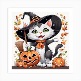 Cute Cat Halloween Pumpkin (1) Art Print