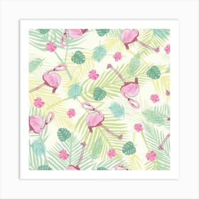 Beautiful Seamless Vector Tropical Pattern Background With Flamingo Hibiscus Art Print