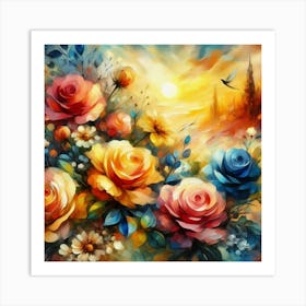 Colorful roses in sunset oil painting abstract painting art 5 Art Print