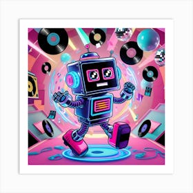 A Vibrant, Neon Lit Cartoon Style Animated Gif Featuring A Retro Futuristic Robot With Shiny Metallic Skin, Glowing Blue Circuits, And Neon Pink Accents, Busting Energetic Dance Moves Art Print