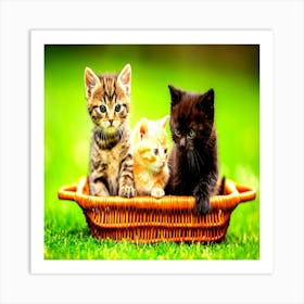 Kittens In A Basket,Three little colorful kittens are curiously sitting in the brown basket in the garden. Art Print