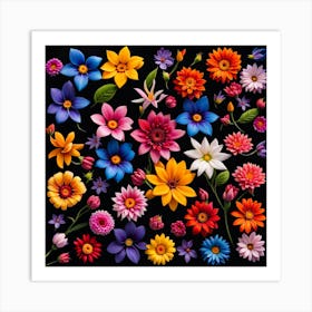 Set Of Colorful Flowers On Black Background Art Print