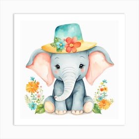 Floral Baby Elephant Nursery Illustration (2) Art Print