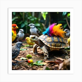 Tortoise With Feather On Is Shell Sneaking Into The Bird S Party And Making Himself At Home Art Print