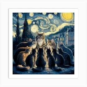 van gogh starry night and cats Art Print