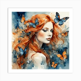 Red Haired Girl With Butterflies II Art Print