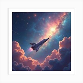 Shuttle Exploring A Watercolor Surreal Cosmic Nebula 1 Art Print