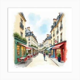 Watercolor Of A Parisian Street Scene With Charming Boutiques And Cafes 1 Art Print