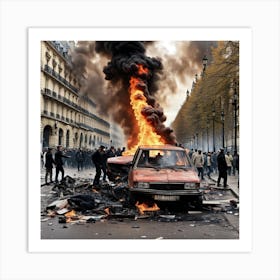 Car On Fire In Paris Art Print