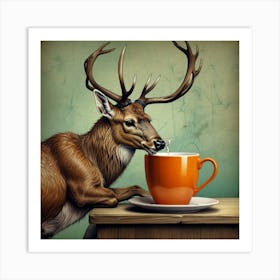 Deer Drinking Coffee Art Print