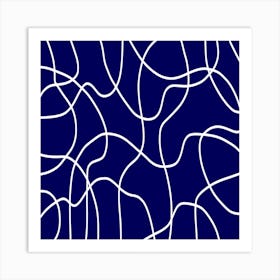 White Line Art on Blue Art Print