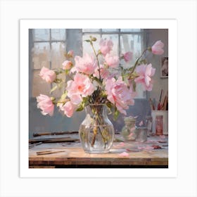 Pink Roses In A Vase Art Print