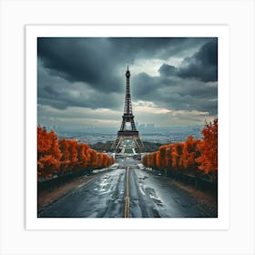 Autumnal Avenue Leads To Eiffel Tower Under Dramatic Clouds Art Print