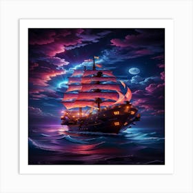 Pirate Ship At Night Art Print