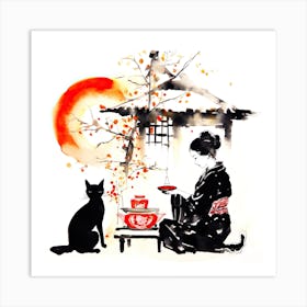 Geisha With Cat - Asian Woman With Cat Art Print