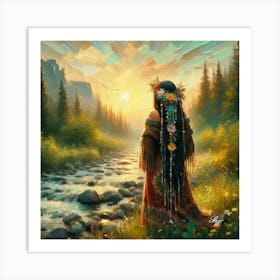 Oil Texture Native American Woman By Stream 3 Art Print