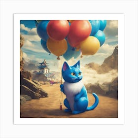 Blue Cat With Balloons Art Print