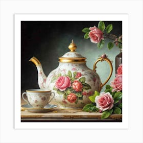 A very finely detailed Victorian style teapot with flowers, plants and roses in the center with a tea cup 2 Art Print