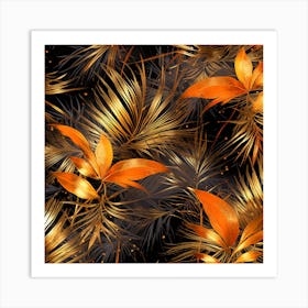 Golden Leaves On Black Background Art Print