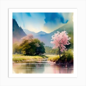 Cherry Blossoms By The River Art Print