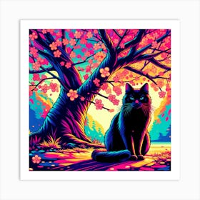 Black cat sitting under a chrry blossom tree Art Print