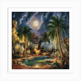 A night in the desert in the middle of a moonlit oasis 2 Art Print