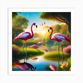 "Flamingo's Paradise: A Majestic Encounter with Sunlit Birds" 1 Art Print