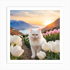 White Cat In Tulips 1 Art Print