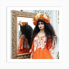 Gothic Fashion Portrait Girl With Oversized Eyes And Curly Hair Adorned With A Floral Wreath Oran Art Print