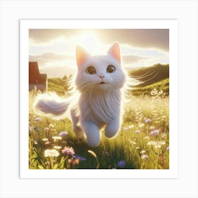 White Cat In The Meadow 2 Art Print