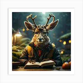 Deer In Glasses Reading A Book Art Print