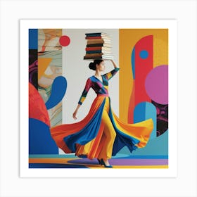 Woman with Books: Abstract Elegance Art Print