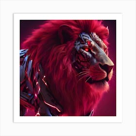 Red Cyber Robot Lion Art Print