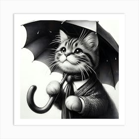 A Black And White Pencil Sketch Of A Cat Holding An Umbrella 4 Art Print