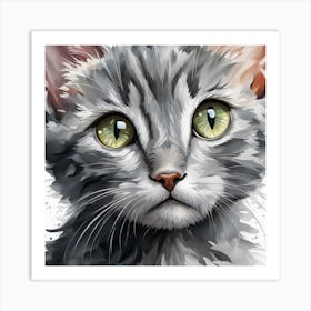 Gray Kitten Painting Digital Watercolor Portrait Art Print