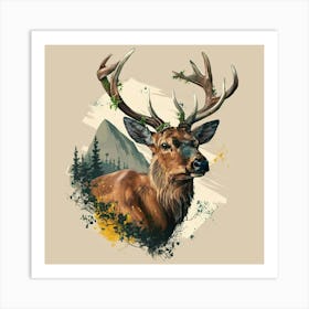 Deer. Captivating Stag Tattoo Design: Majestic Wildlife Art with Moss-Adorned Antlers, Wisdom-Gazing Eyes, and Nature-Inspired Background Art Print