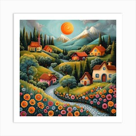Village In The Sun, Naive, Whimsical, Folk Art Print