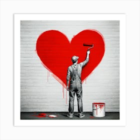 A Man Applies Bright Paint To Create A Heart Design On A Wall, Symbolizing Love And Artistic Expression Art Print