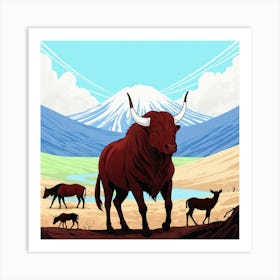 Bulls In The Mountains 6 Art Print