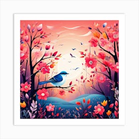 A Bright Toned Design With Flowers And Leaves Trees And Birds A Beautiful And Simple Picture Bird In The Forest Art Print