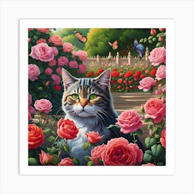 Rose Garden Reverie: A Cat's Perspective Art Print