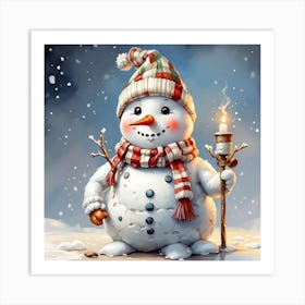 Snowman Holding A Candle Art Print