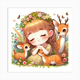 Cute Little Girl With Deer 1 Art Print