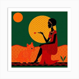 African Woman With Cat Art Print