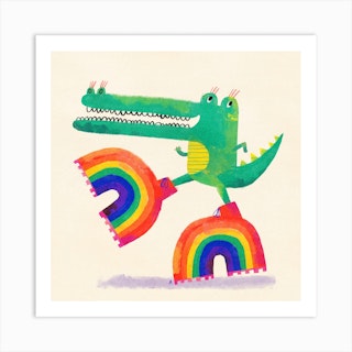 Crocodile With Rainbow Platform Boots Square Art Print