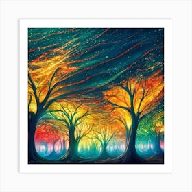 A captivating scene of trees that appear to be alive, with twinkling lights and vibrant 17 Art Print