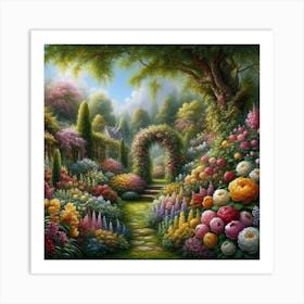 Realistic Oil Painting Of A Lush Garden Bursting With Colorful Flowers And Greenery, Style Realistic Oil Painting 1 Art Print
