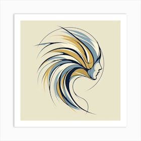 Abstract Head Silhouette In Blue And Yellow - Line Sketch Drawing Art Print