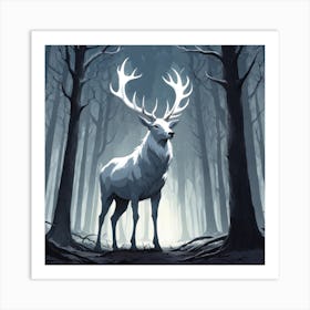 A White Stag In A Fog Forest In Minimalist Style Square Composition 3 Art Print