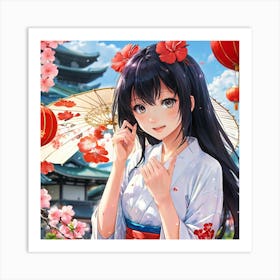 Asian Girl With Umbrella Art Print